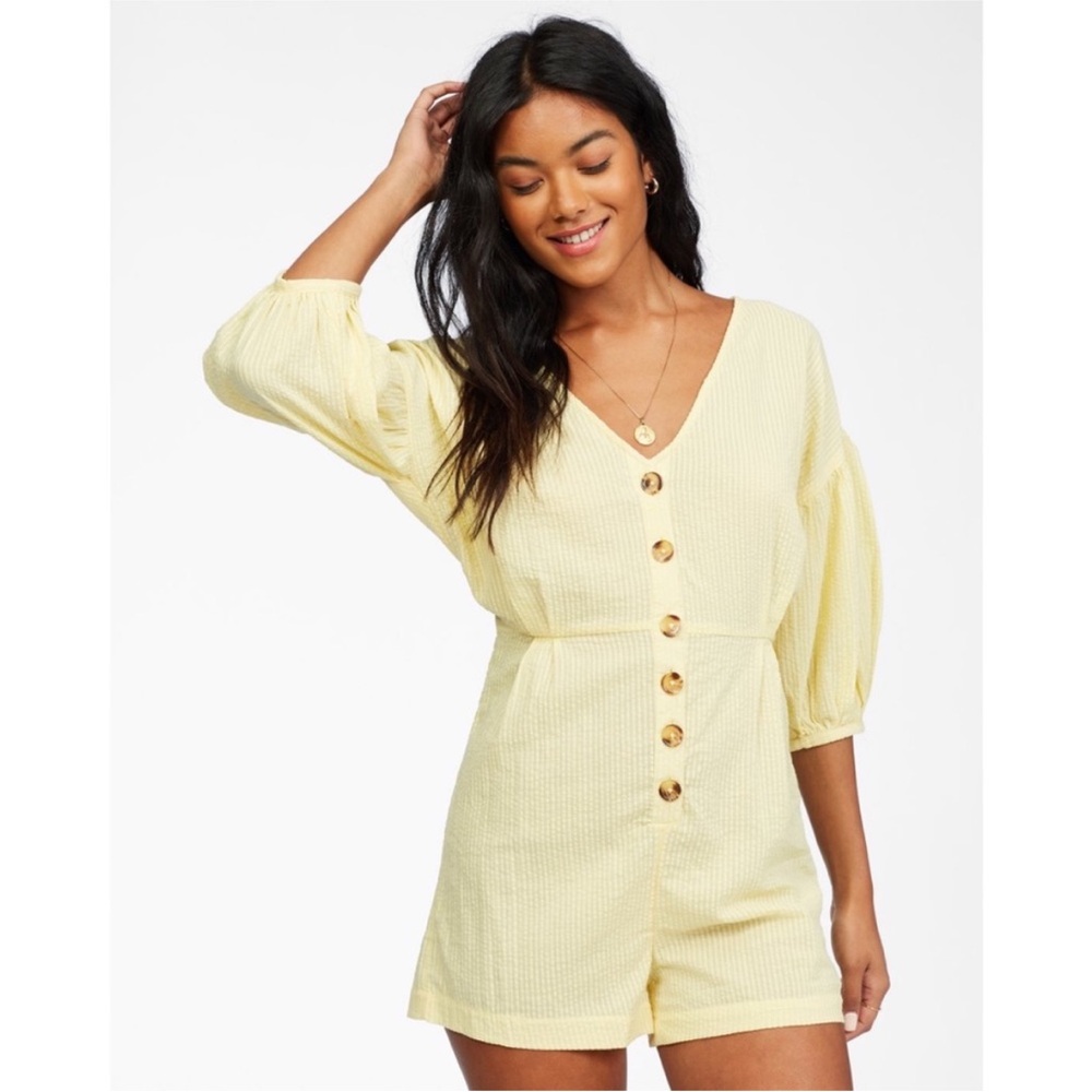 Billabong Yellow Mid Puff Sleeve Button Short Jumpsuit / Romper